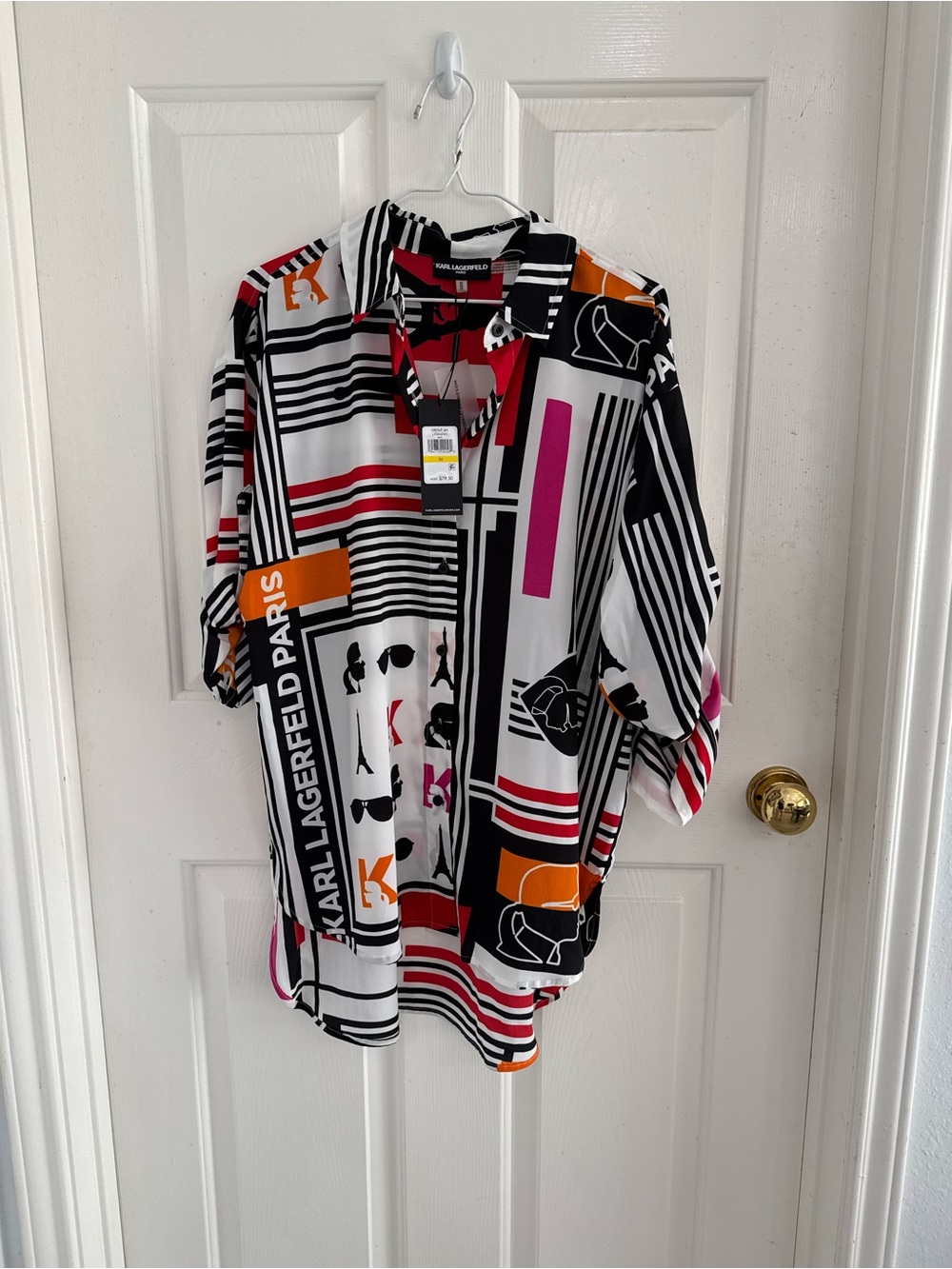 Karl Lagerfeld Black White Pink Orange Graphic Button-Down Shirt